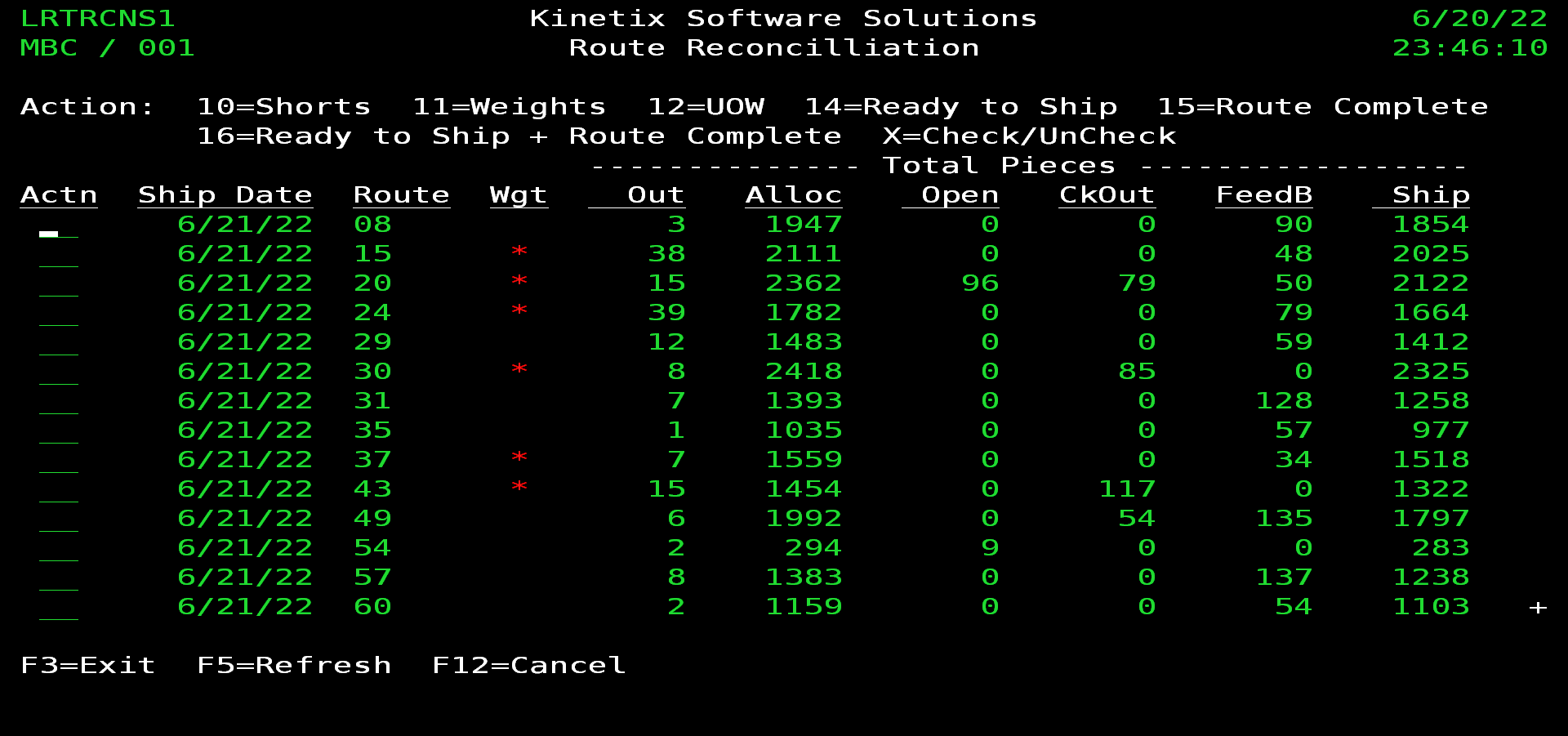 Route Reconciliation Main Screen